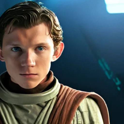 Image similar to tom holland plays anakin skywalker in the live action remake of star wars revenge of the sith, 3 5 mm photography, highly detailed, cinematic lighting, standing pose, holding a lightsaber, tatooine in the background, 4 k