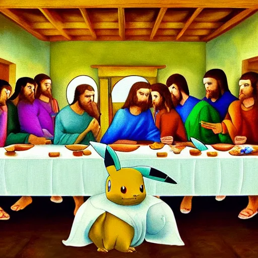 Prompt: the last supper painting but with pokemon, impressionist style, realistic, high detail, hdr render