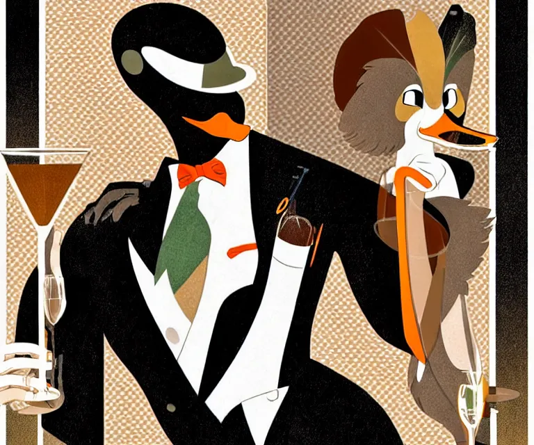 Prompt: duck anthro as classy 1920s party-goer, dimly lit upscale 1920s speakeasy, relaxed pose, art deco, detailed painterly digital art style by Osamu Tezuka, retro vibe, furaffinity, 🍸, 8k octane beautifully detailed render, post-processing, extremely hyperdetailed, intricate, epic composition, grim yet sparkling atmosphere, cinematic lighting + masterpiece, trending on artstation, very detailed, vibrant colors, Art Nouveau, masterpiece