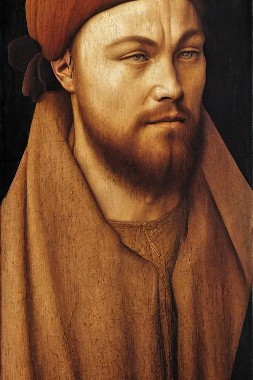 Image similar to 1 4 0 0 s renaissance portrait of leonardo dicaprio oil painting by jan van eyck, northern renaissance art, oil on canvas, wet - on - wet technique, realistic, expressive emotions, intricate textures, illusionistic detail