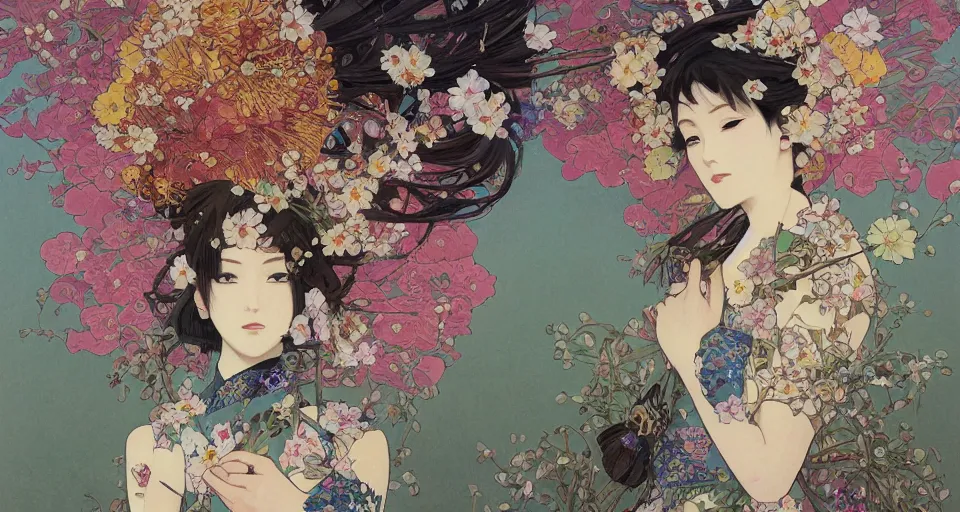 Image similar to oil painting, long shot, beautiful floralpunk japanese bio mechanical female illustration detailed patterns art of japan traditional dress, flower pop art, floral splash painting, art by ashley wood, alphonse mucha, makoto shinkai, geof darrow, dark shadow