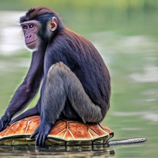 Image similar to a monkey sitting on the back of a turtle