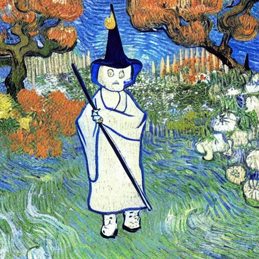 Image similar to ghost wearing a party hat and holding a sword in a japanese garden, van gogh painting,