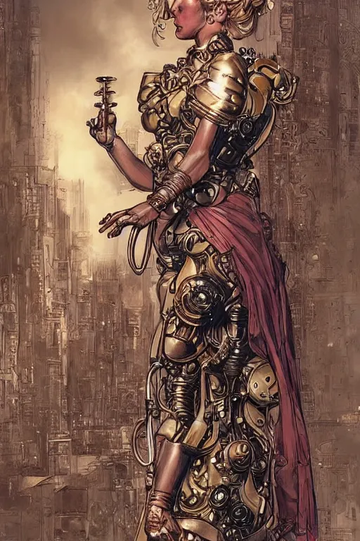 Prompt: brass semi - mechanical woman, portrait, floral art novuea dress, art by ardian syaf and moebius, in steampunk cityscape