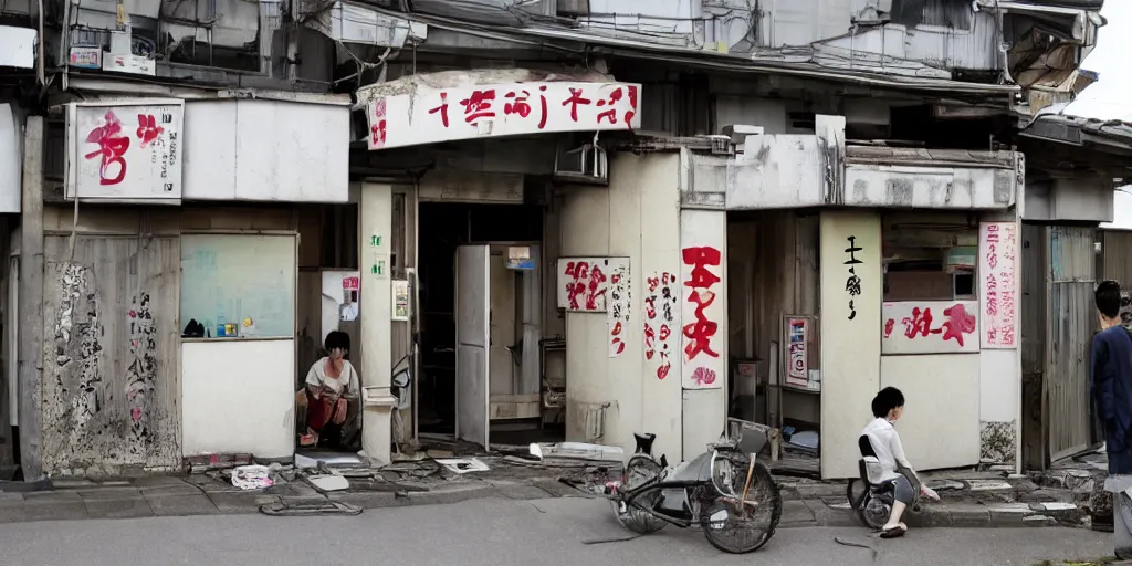 Image similar to an exterior of an abandoned internet cafe in japan, with the japanese sign and art of people playing computers