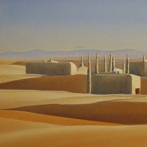 Image similar to a beautiful painting of a village in the desert, white houses, two suns, star wars style