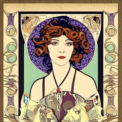 Image similar to art nouveau poster portrait of a woman, in the style of Mucha, on a detailed geometric art nouveau background design