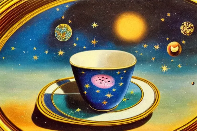 Prompt: painting of Starry cosmos trapped in vintage enameled cup of tea By Salvador Dali