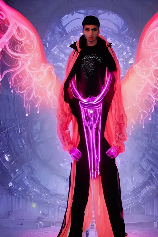 Prompt: full-body baroque and cyberpunk style neon statue of a attractive pale Zayn Malik as a humanoid diety wearing a thin see-through plastic hooded cloak sim roupa, posing like a superhero, glowing peach face, crown of pink lasers, large diamonds, swirling black silk fabric. futuristic elements. oozing glowing liquid, full-length view. space robots. human skulls. throne made of bones, intricate artwork by caravaggio. Trending on artstation, octane render, cinematic lighting from the right, hyper realism, octane render, 8k, depth of field, 3D