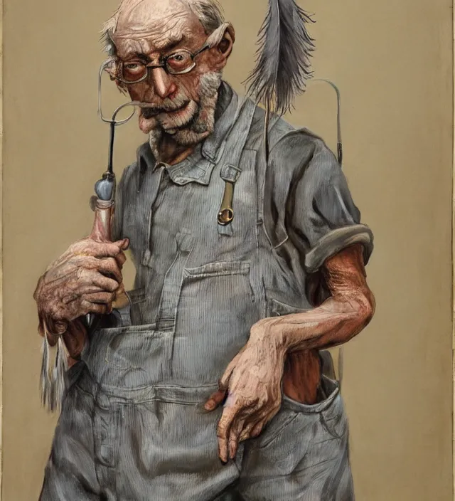 Prompt: full length painting of an old wizened stooped man wearing glasses and shapeless long grey overalls which go down to his ankles with his feather duster under his left arm octane render, highly detailed by giuseppe arcimboldo alan lee james gurney