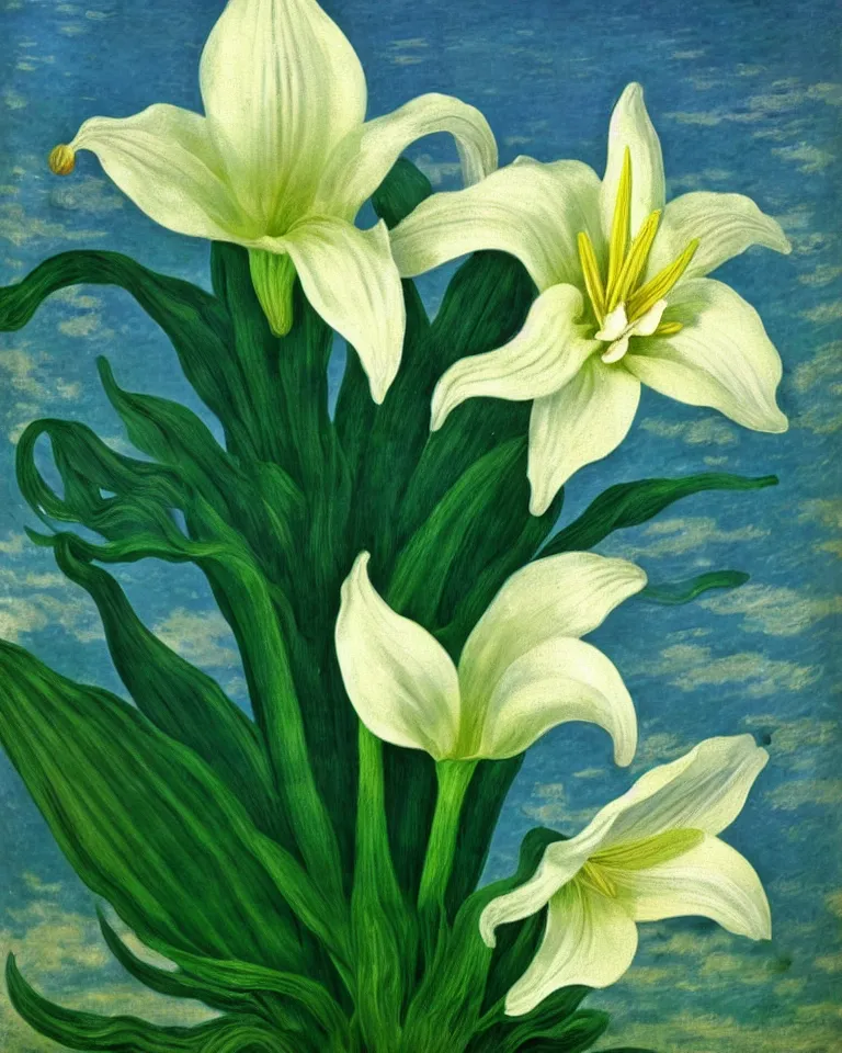 Prompt: achingly beautiful painting of one white lily blossom on green background rene magritte, monet, and turner. piranesi. macro lens.