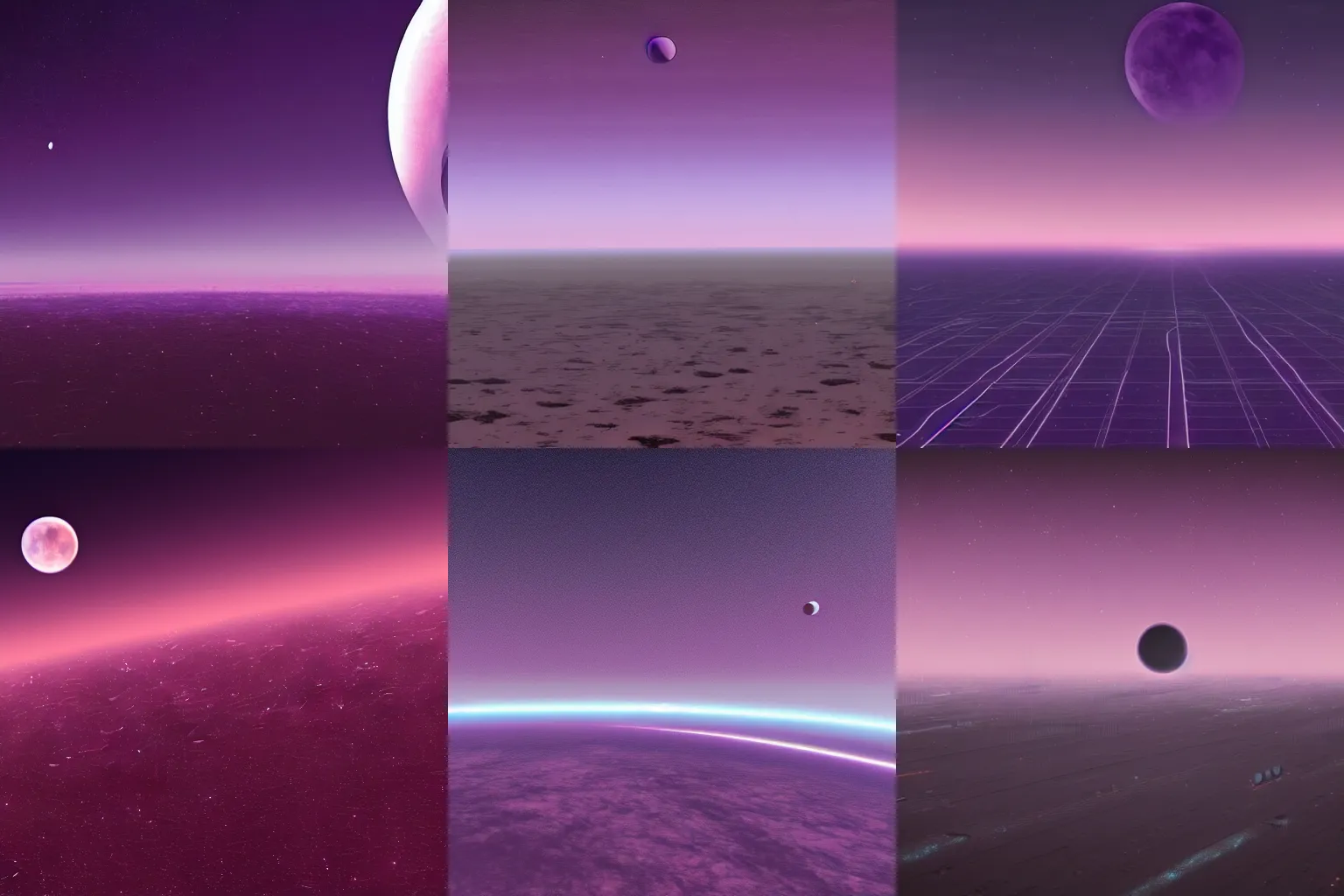 Prompt: Vast, alien city scape. Purple sky with a ringed moon on the horizon. Style of No Man's Sky.