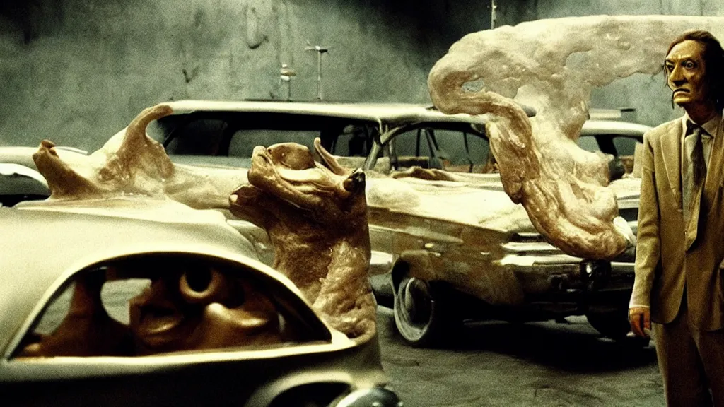 Prompt: the creature sells a used car, made of wax and water, film still from the movie directed by Denis Villeneuve with art direction by Salvador Dalí, wide lens