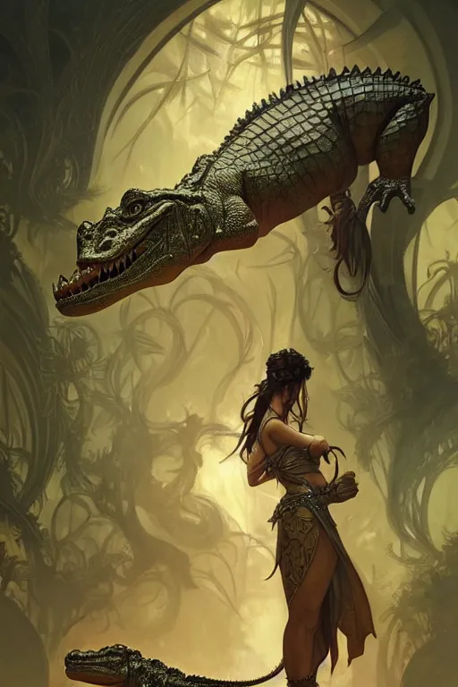 Image similar to crocodile god date, d & d, fantasy, intricate, elegant, highly detailed, digital painting, artstation, concept art, matte, sharp focus, illustration, art by artgerm and greg rutkowski and alphonse mucha