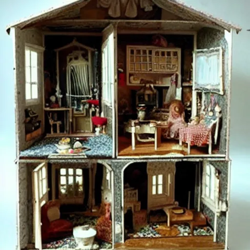 Prompt: real humans living inside a dollhouse. folk. horror. detailed