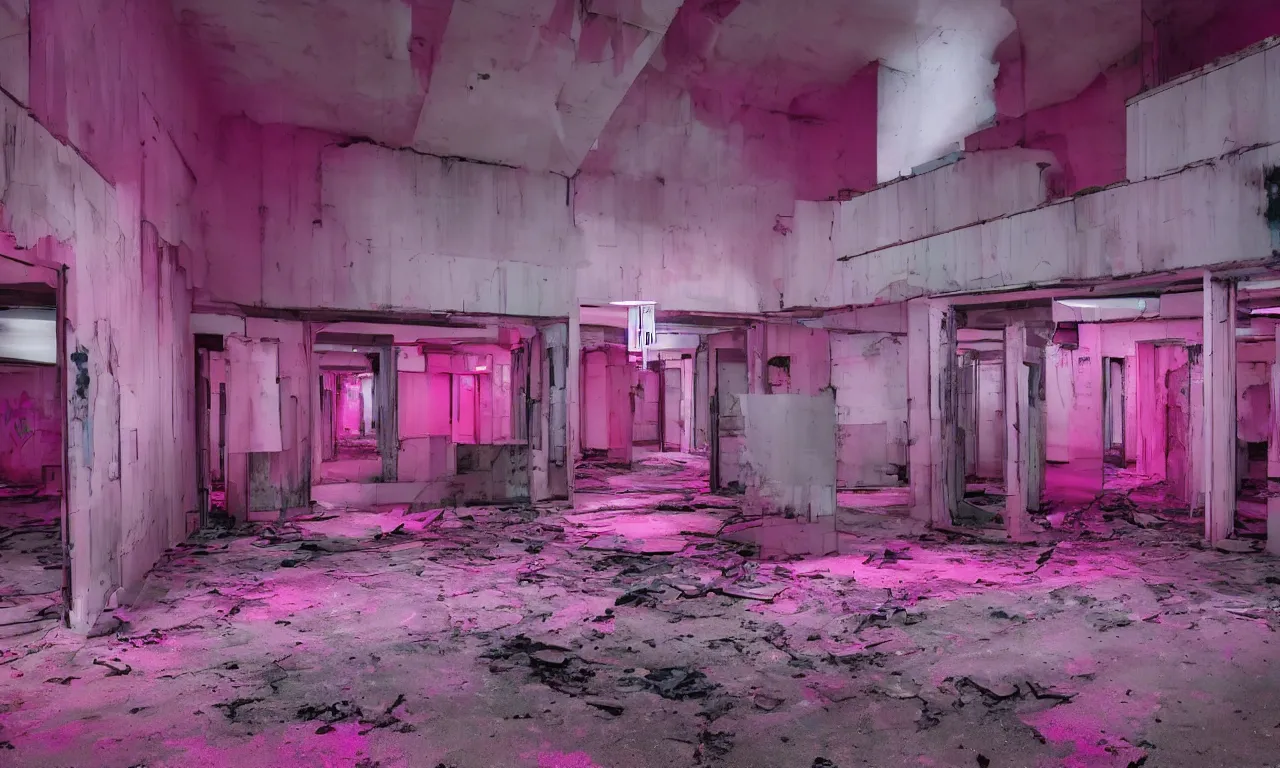 Prompt: backrooms abandoned mall, ominous neon pink and purple vaporwave lighting, moldy walls and shallow water, shadowy tall figures in the distance