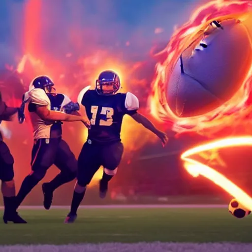 Prompt: 3 Football players play football with a fireball, space battle in the background, heroicб cinematic lighting