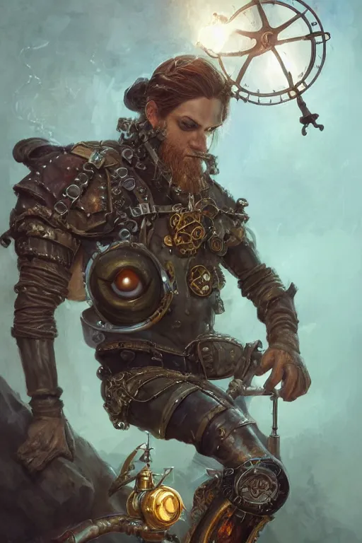 Image similar to male medieval merfolk artificer, steampunk eye, prosthetic leg, highly detailed, d & d, fantasy, portrait, highly detailed, headshot, digital painting, trending on artstation, concept art, sharp focus, illustration, art by artgerm and greg rutkowski