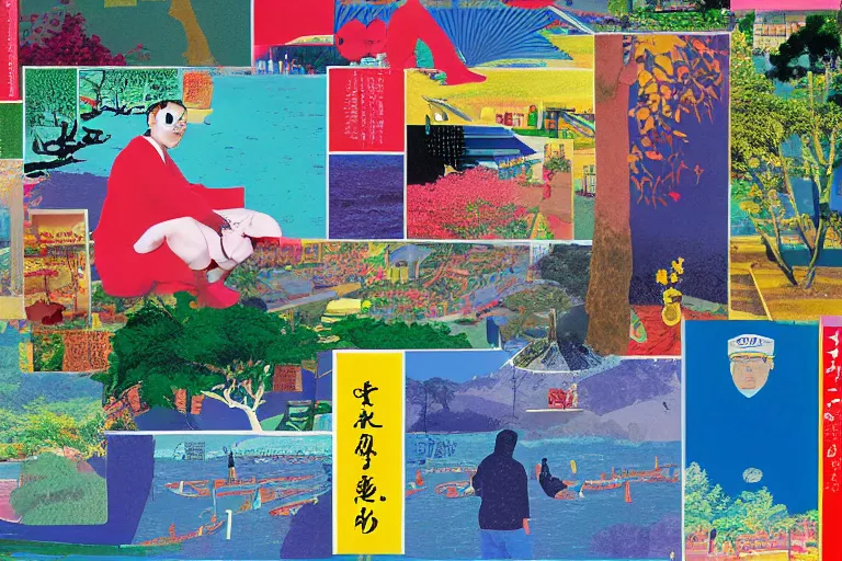 Prompt: award winning graphic design poster, photocollage art depicting a variety of japan travel, beauty, tastes, crafts and more, photocollage painting by National Geographic and David Hockney