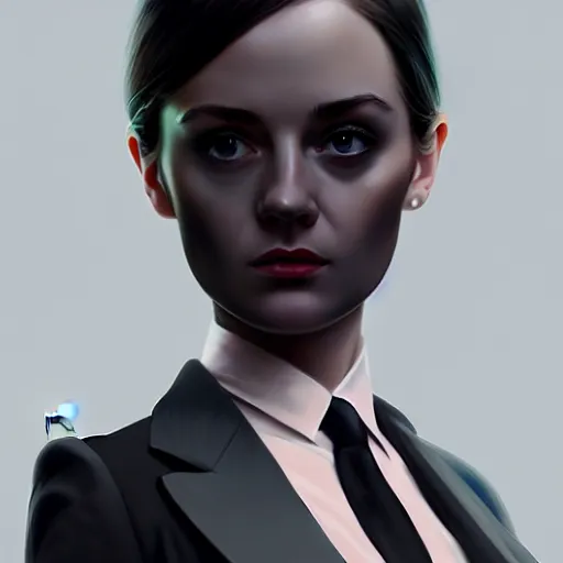 Image similar to young british special ops female in black tuxedo, muted colors, matte print, pastel colors, 2d, ultra highly detailed, smooth, sharp focus, digital art, digital painting, fan art, elegant, artstation, head is centered, by Ilya Kuvshinov