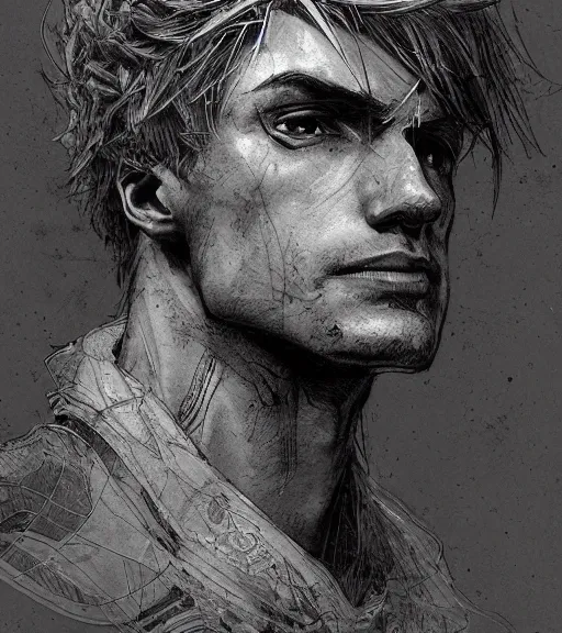 Image similar to portrait of xqc with a strong jawline, pen and ink, intricate line drawings, gigachad, by craig mullins, ruan jia, kentaro miura, greg rutkowski, loundraw