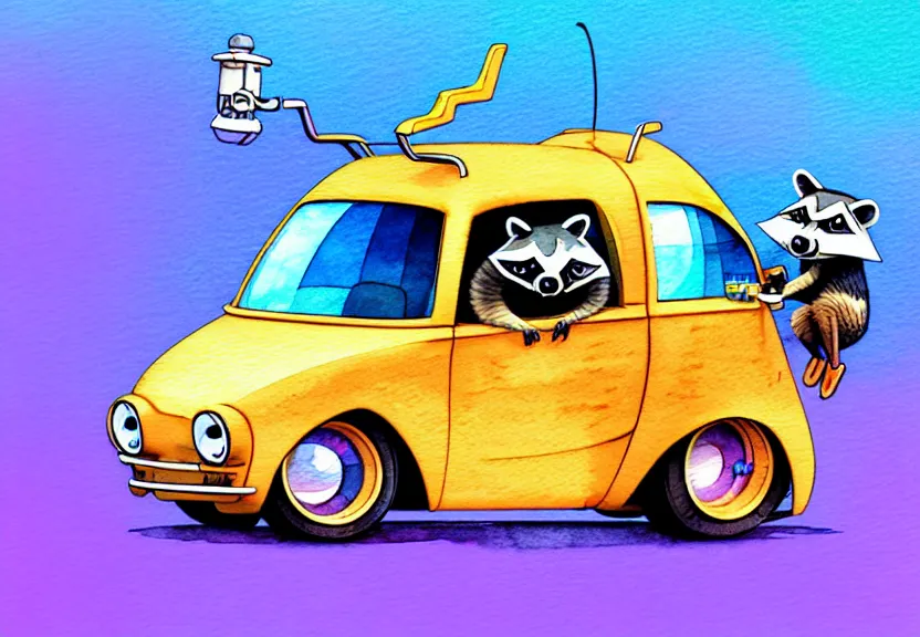 Prompt: cute and funny, racoon riding in a tiny hot rod coupe with oversized engine, ratfink style by ed roth, centered award winning watercolor pen illustration, isometric illustration by chihiro iwasaki, illustration overlay by beeple