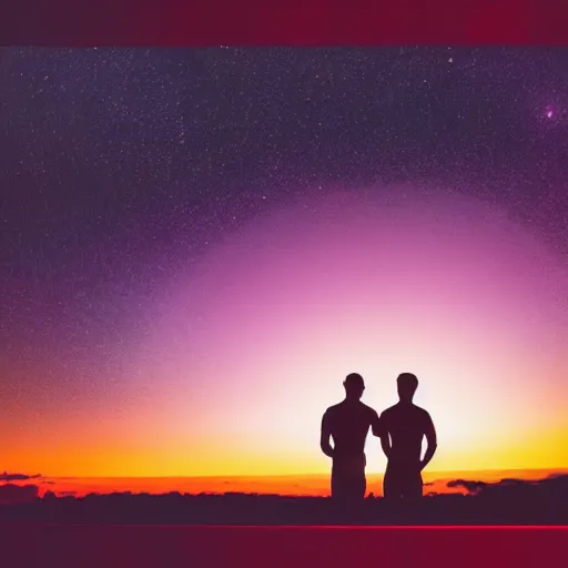 Image similar to silhouette of a gay couple looking at the sunrise from space