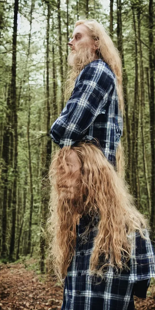 Image similar to tall!!! (((blond))) man wearing a flannel shirt in a forest, long wavy hair, long blond hair, blond, forest, trees, flannel shirt, lumbarjack, photo, low angle photo,