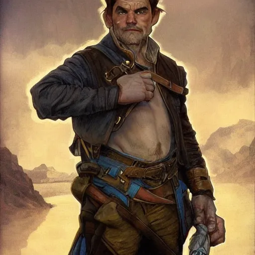 Prompt: full body portrait, scowling halfling male rogue, shifty watchful eyes, untrusting paranoid stare, poorly dressed, fantasy, highly detailed, digital painting, sharp focus, hand - drawn character concept illustration, art by artgerm, john howe and alphonse mucha