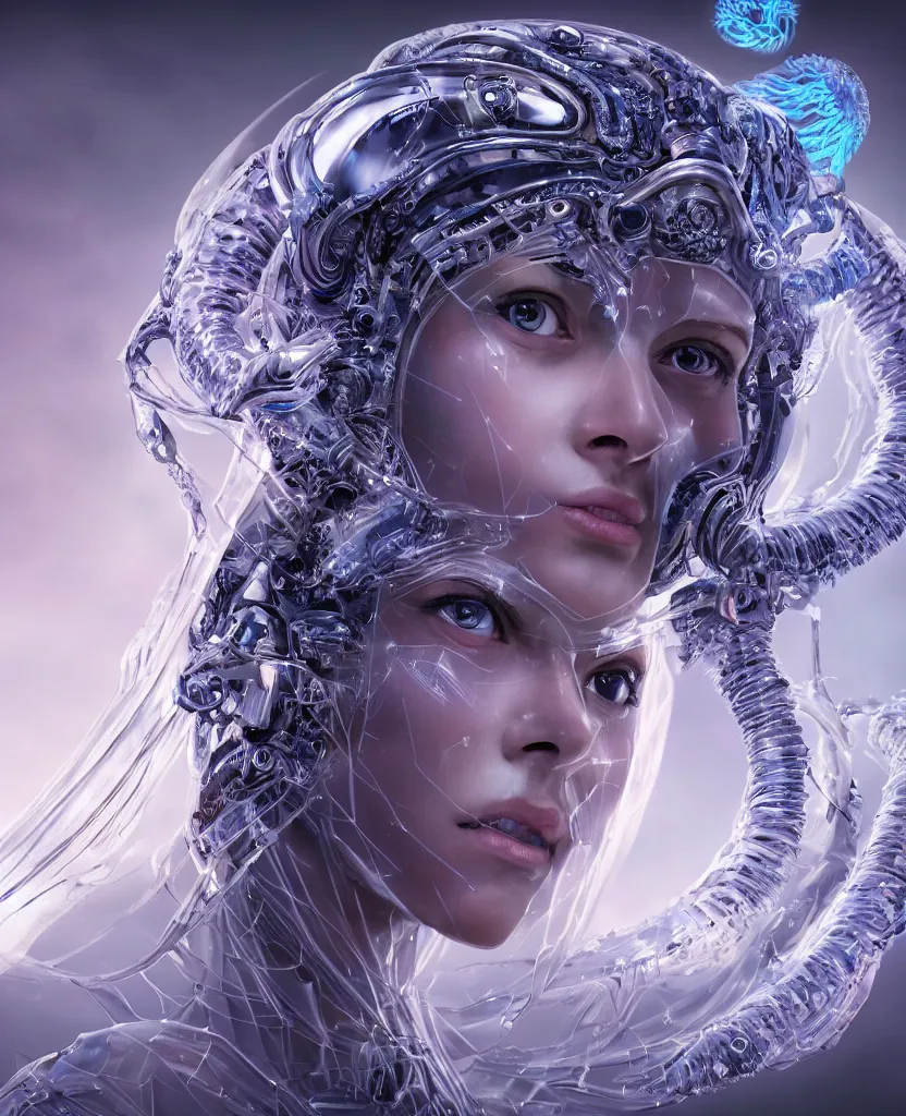 Image similar to epic futuristic ancient close-up macro portrait of the face of a beautiful princess, epic angle and pose, symmetrical artwork, 3d with depth of field, blurred background, cybernetic jellyfish crystal, obsidian, female face skull phoenix bird, translucent, nautilus, energy flows of water and fire. a highly detailed epic cinematic concept art CG render. made in Maya, Blender and Photoshop, octane render, excellent composition, cinematic dystopian brutalist atmosphere, dynamic dramatic cinematic lighting, aesthetic, very inspirational, arthouse. y Greg Rutkowski, Ilya Kuvshinov, WLOP, Stanley Artgerm Lau, Ruan Jia and Fenghua Zhong