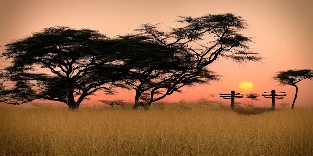 Prompt: !dream “Shinto gate in an African savannah, sunset, tall grass”