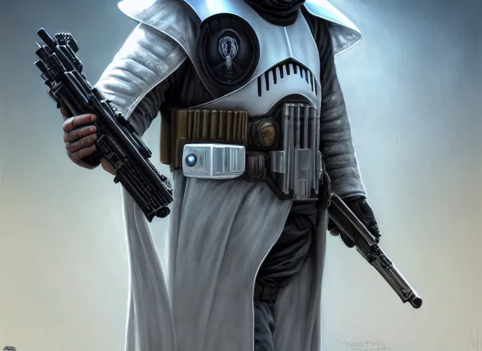 Image similar to portrait shot of white darth vader dressed like a ncr ranger in fallout new vegas, intricate, elegant, highly detailed, centered, digital painting, artstation, concept art, smooth, sharp focus, illustration, artgerm, tomasz alen kopera, peter mohrbacher, donato giancola, joseph christian leyendecker, wlop, boris vallejo