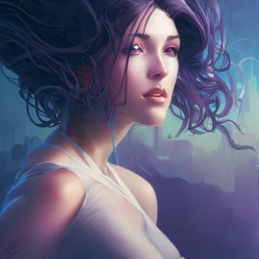 Image similar to beautiful, young woman, cybernetic, cyberpunk, detailed gorgeous face, flowing hair, vaporwave aesthetic, synthwave , digital painting, artstation, concept art, smooth, sharp focus, illustration, art by artgerm and greg rutkowski and alphonse mucha