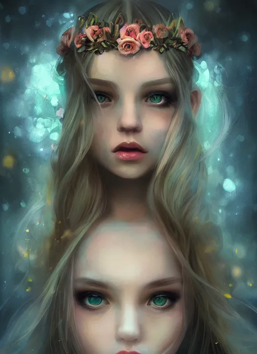 Image similar to a gorgeous flower princess portrait by WLOP, emerald yellow eyes, blue hair, digital painting, beautiful lighting, ominous, cgsociety