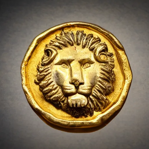 Image similar to an ancient roman gold coin with the face of a lion, close up photo, ultra realistic, studio photo, bokeh. intricate details.