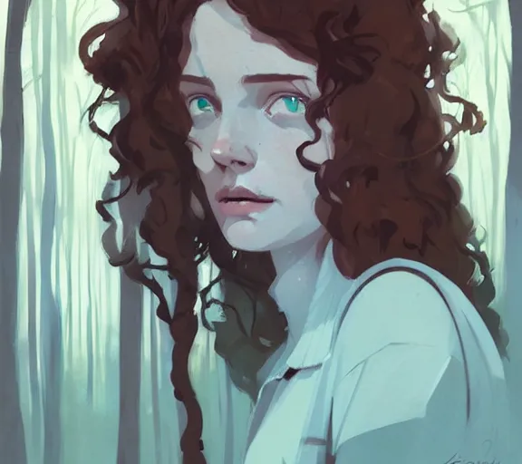 Image similar to portrait woman with long ginger curly hair in the woods, by atey ghailan, by greg rutkowski, by greg tocchini, by james gilleard, by joe fenton, by kaethe butcher, by ashley wood, dynamic lighting, gradient light blue, brown, blonde cream and white color scheme, grunge aesthetic