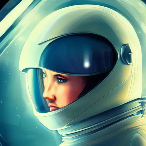 Image similar to portrait of an astronaut with a beautiful woman in the reflection on the helmet, dreamy, concept art, highly detailed, trending on art station, dreamy lighting, beautiful