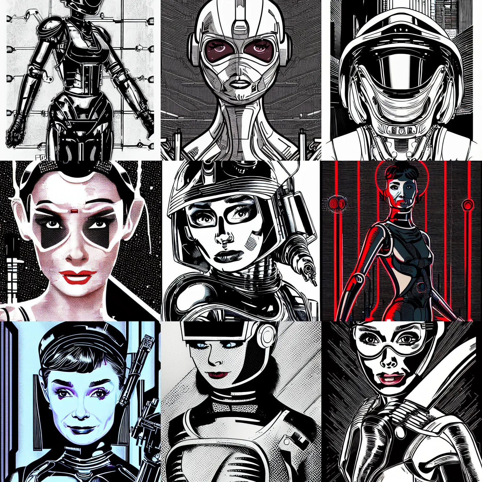 Prompt: audrey hepburn cylon, detailed cyberpunk illustration by tim doyle