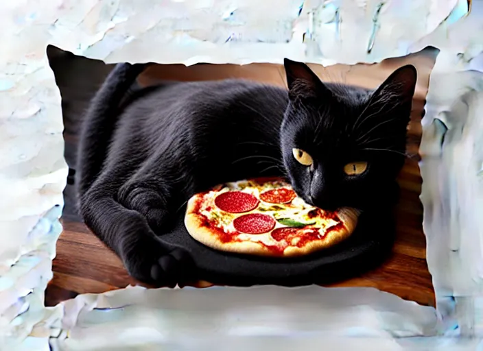 Image similar to A tiny black cat sleeping on a cozy pizza pillow. designed by Peter Andrew Jones and Pixar, photorealistic, 3d render, award winning render, unreal engine, octane render, studio lighting, 8k, hd, Dustin Nguyen, Akihiko Yoshida, Greg Tocchini, Greg Rutkowski, Cliff Chiang