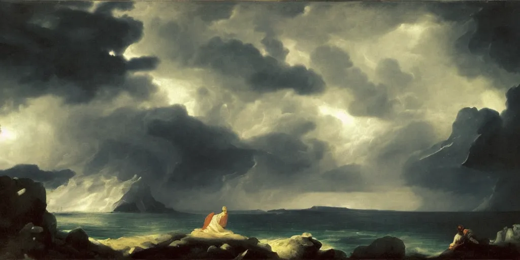 Image similar to a princess, big monster on the horizon, goya the colossus, snowy fjord, storm clouds, dramatic lighting, hudson river school, afternoon