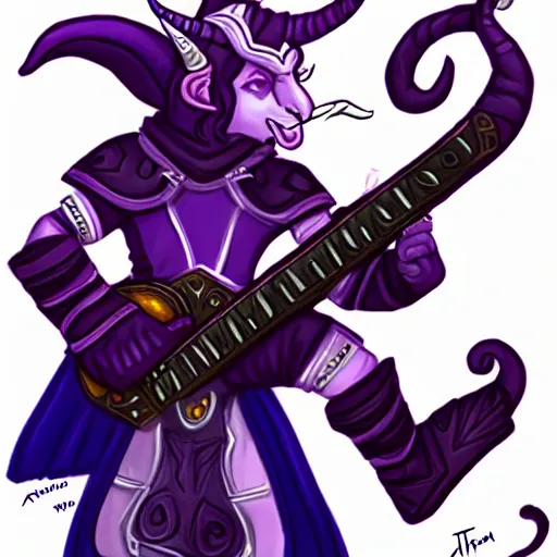 Image similar to a purple tiefling bard with long white horns wearing light armor and carrying a guitar as drawn by the sketch goblin and thesketchgoblin