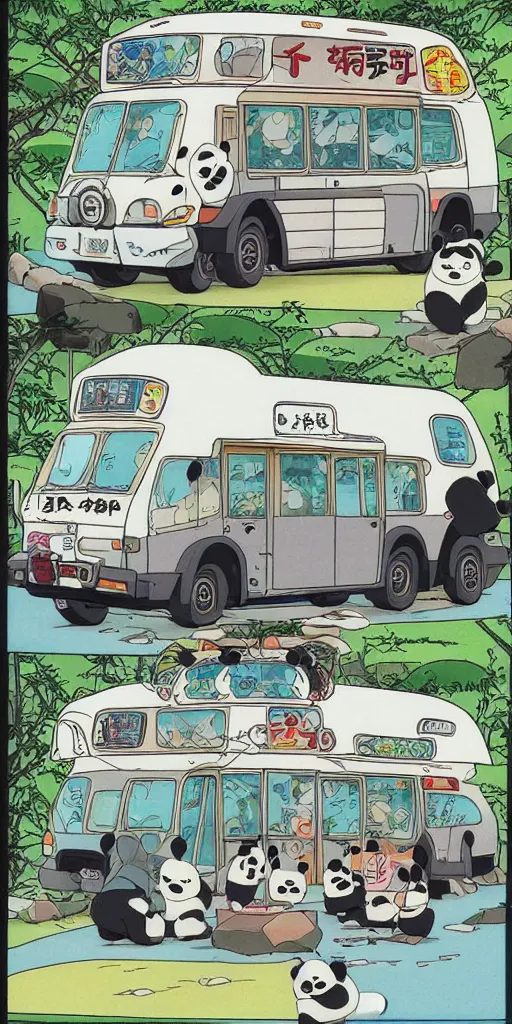 Image similar to a panda bus in japan like totoro, 1990s anime, full color, tarot card the chariot, highly detailed ,