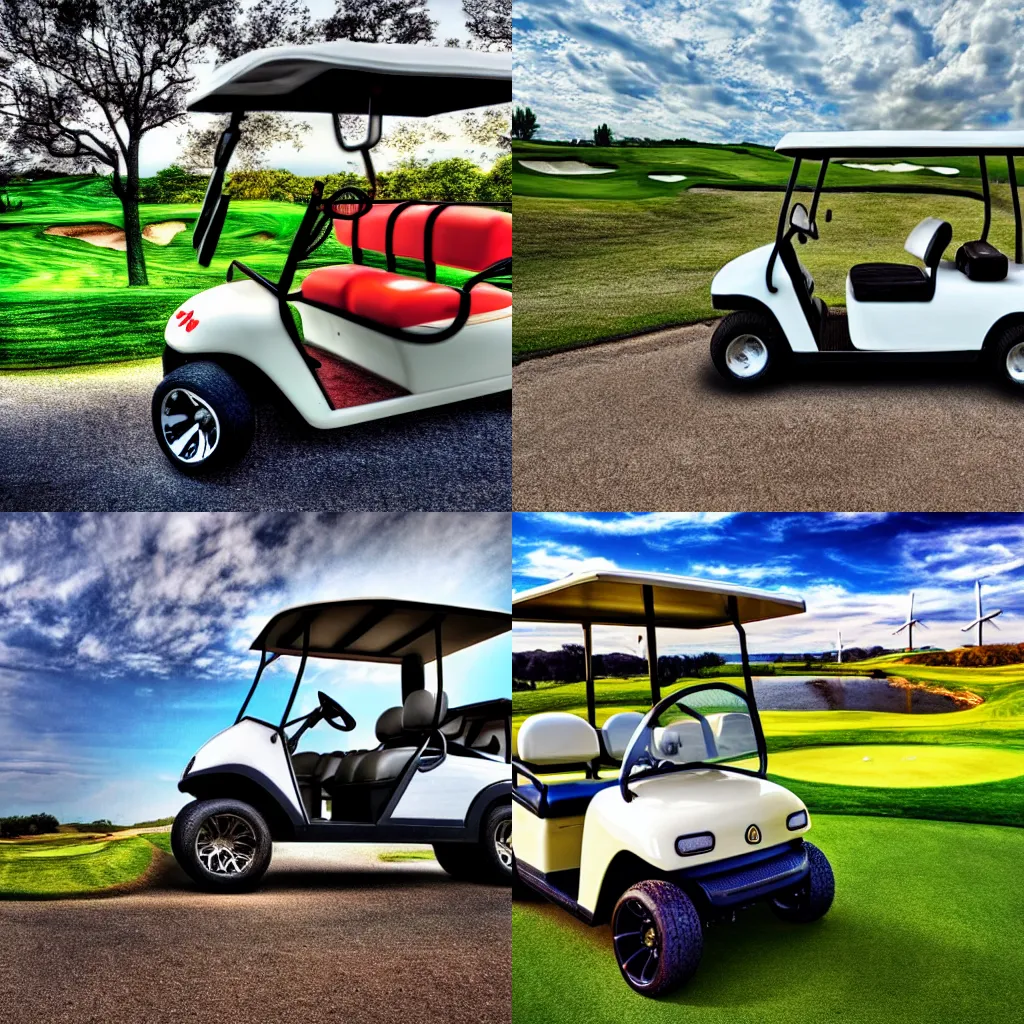 Prompt: a golf cart with a twisted smile eating a golfer at the windmill hole, photo realistic, 4 k, hdr