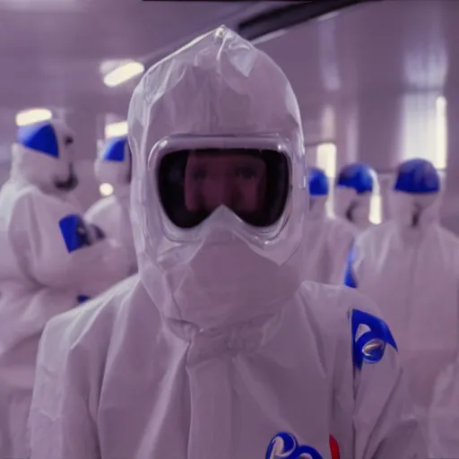 Prompt: a man wearing a pepsi brand hazmat suit, film still, cinematic, 8k