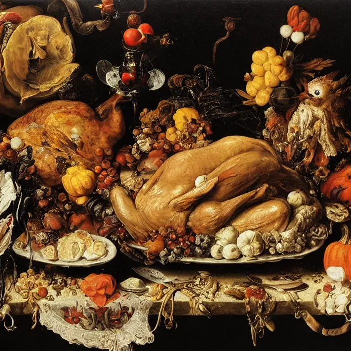 Prompt: victorian thanksgiving feast, black background, vanitas, a flemish baroque by jan davidsz. de heem, a still life by giuseppe arcimboldo, pinterest, rococo, hd, intricate high detail masterpiece