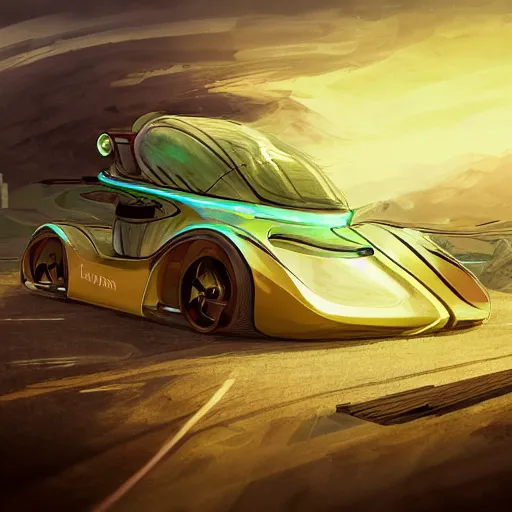 Image similar to solarpunk hovercar, clean energy, green technology, batoidea shape, scifi, sunny day, futurism, intricate, engines, autonomous, highly detailed, peaceful, utopia, bright, digital painting, advanced, artstation, concept art, smooth, sharp focus, epic landscape, art by akihiko yoshida and tim mcburnie and anato finnstark