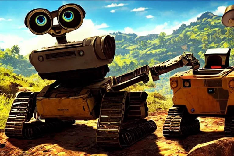 Image similar to wall - e in far cry 4, heavy detailed, ultra high definition quality, far cry 4 game engine graphics