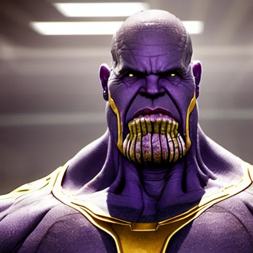 Image similar to thanos lookingg for his mom in a walmart, realistic, sharp focus