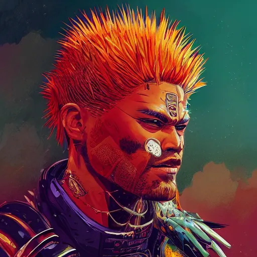 Image similar to portrait painting of a maori street samurai with spiky red hair, cyberpunk, glitchwave, sharp focus, award - winning, trending on artstation, masterpiece, highly detailed, intricate. art by josan gonzales and moebius