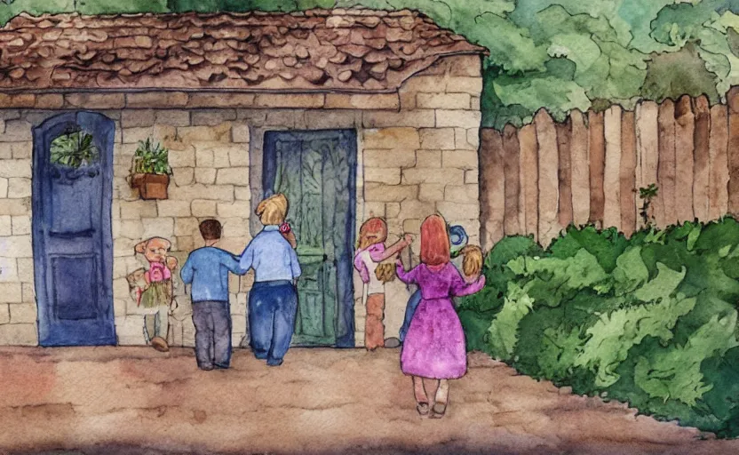 Prompt: storybook illustration of a wall with family pictures, watercolor